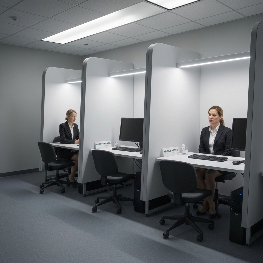 A professional sensory evaluation lab featuring individual testing booths. Each booth contains a small table, a computer screen, and neutral lighting. The booths are clean and uncluttered, providing a controlled testing environment.