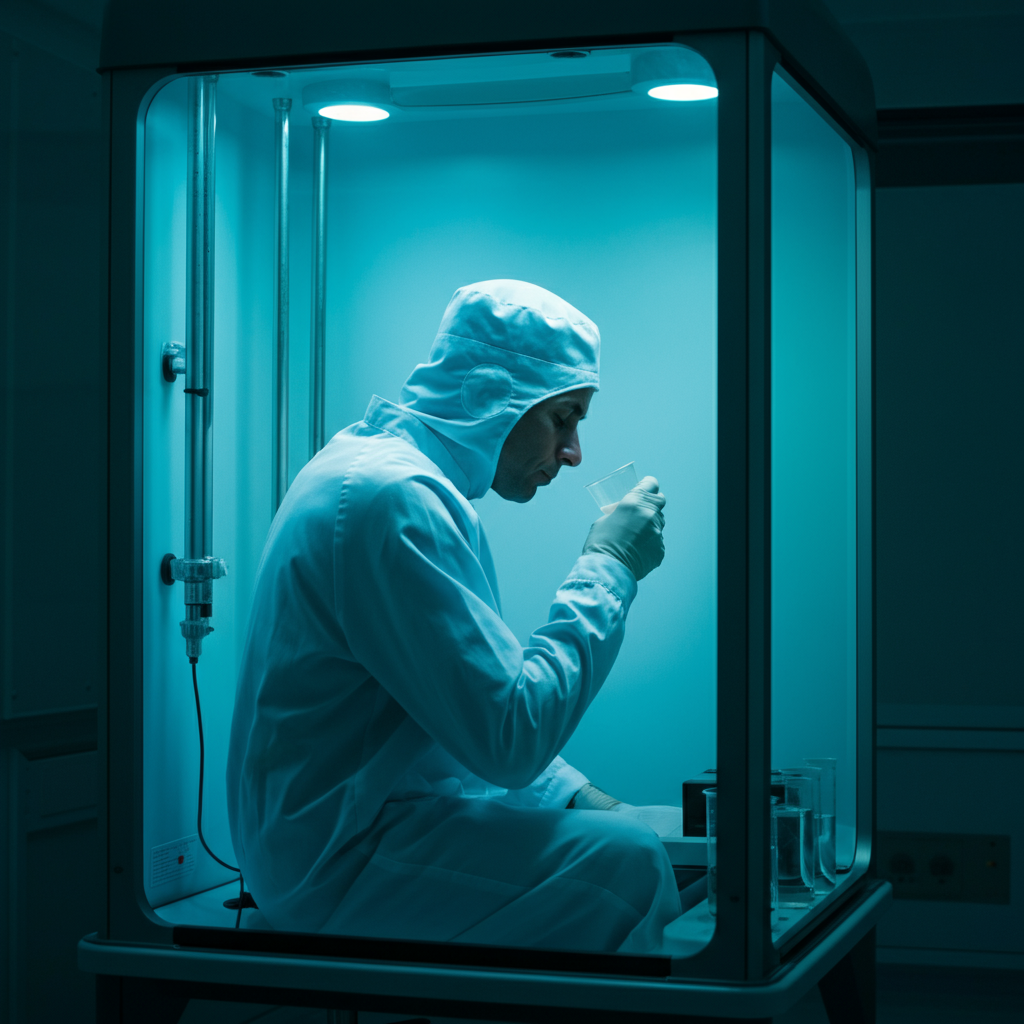 A panelist in a sensory booth, carefully tasting a sample from a small cup. The booth is illuminated with neutral lighting, and the panelist is focused and attentive.