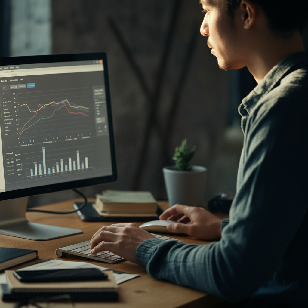 A person working at a computer, analyzing data using statistical software. The screen displays graphs and charts, and the person is focused on interpreting the results.