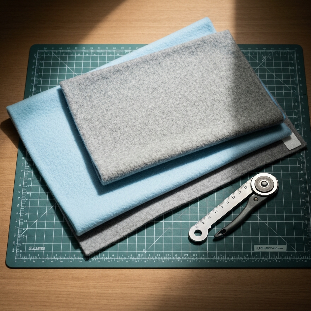 Top-down studio shot of a craft table. Two rectangular pieces of soft fleece fabric (one light blue, one grey) are neatly stacked on top of a self-healing cutting mat. A rotary cutter and metal ruler are positioned beside them, bathed in soft, diffused light.