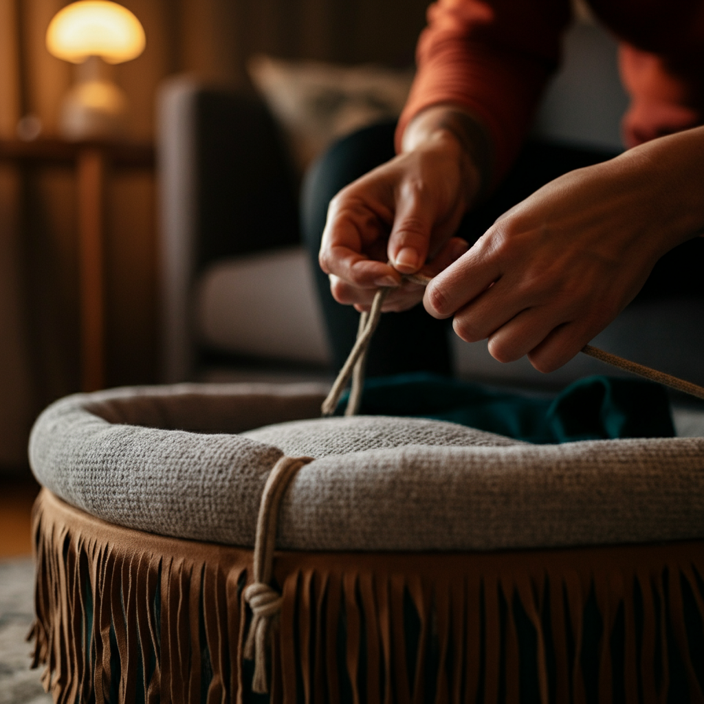 Medium shot of a person's hands tying a knot between two strands of fringe on a partially completed dog bed. The background is slightly blurred, showcasing a cozy living room with soft, warm lighting.