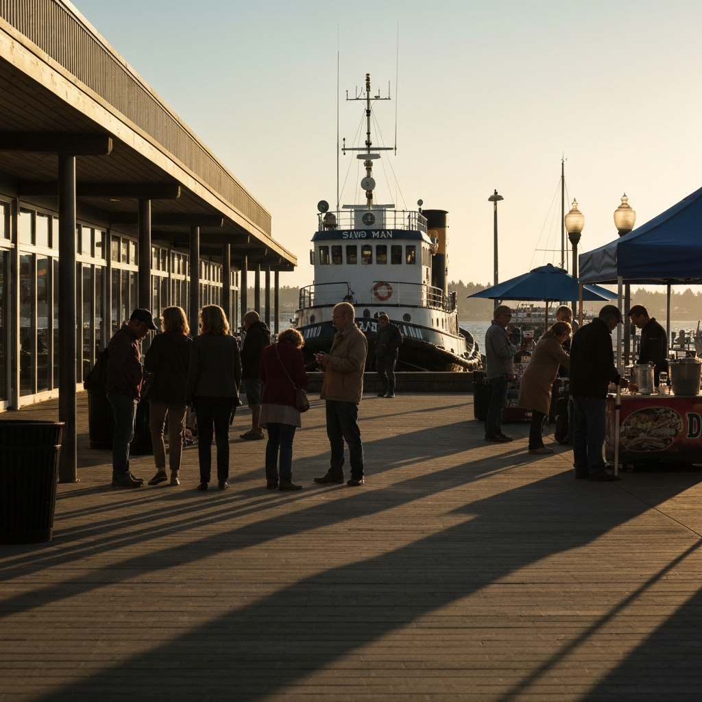Wide shot of Olympia's Port Plaza during the day. People are milling about, some examining nautical displays, others near a food vendor. Golden hour lighting creates long shadows. The Sand Man tugboat is visible in the background, slightly out of focus, with its name clearly legible.
