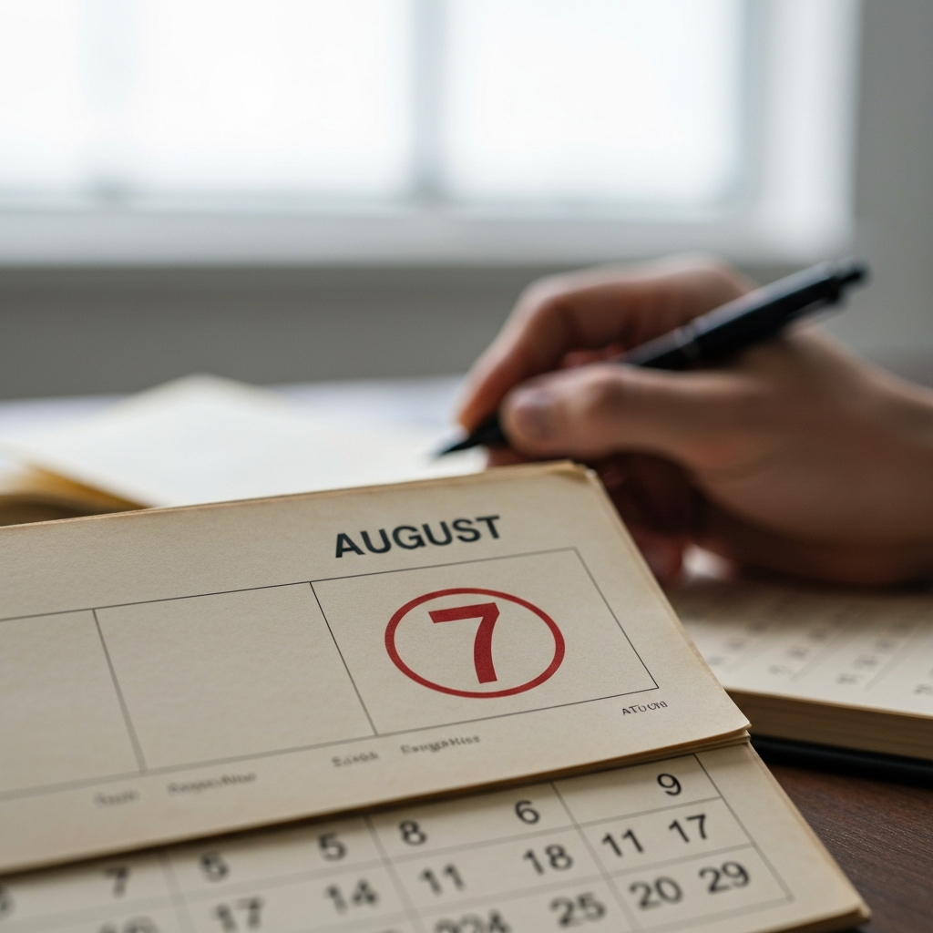 A close-up of a vintage calendar, open to August 7th. The "7" is circled in red. Soft bokeh in the background shows a hand holding a pen. The calendar is slightly worn, giving it a historical feel.