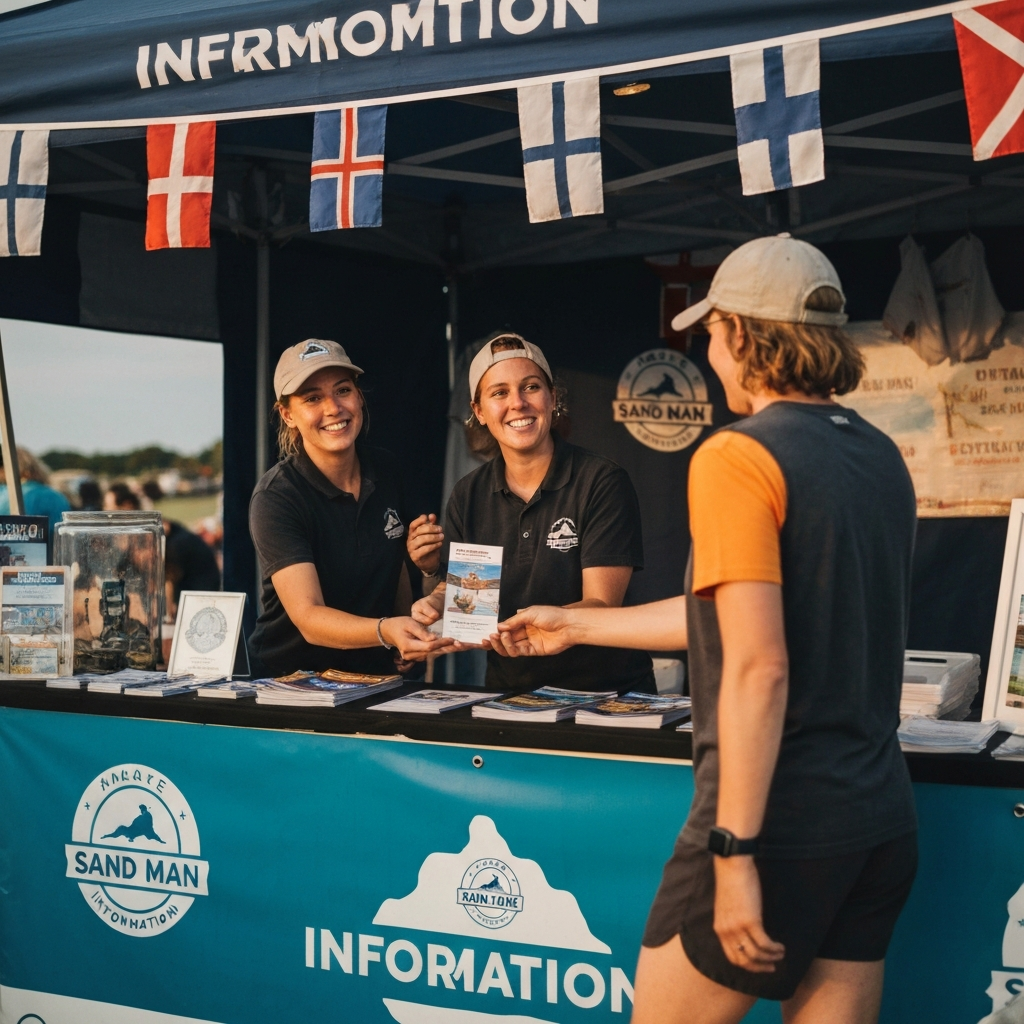 Medium shot of a volunteer at an information booth. They are handing a brochure to a visitor. The booth is decorated with nautical flags and Sand Man memorabilia. The lighting is bright and even, highlighting the friendly interaction.