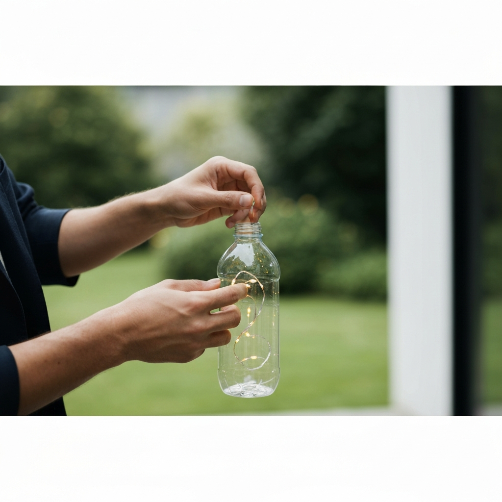 A person's hands gently feeding a string of small LED lights into a clear plastic bottle in a brightly lit garden. The background is softly blurred.