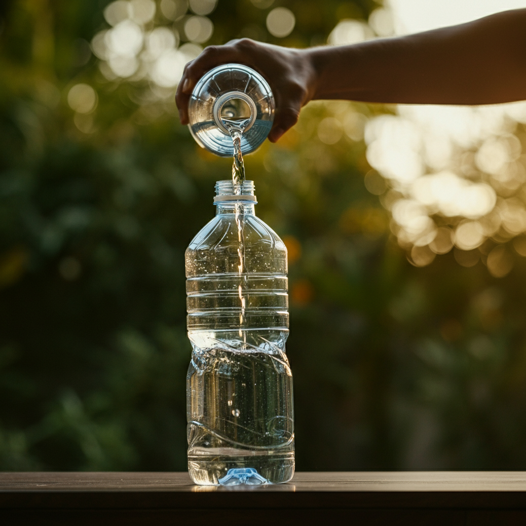Side-lit view of a clear plastic bottle being filled with a clear liquid from a labelled bottle. Soft bokeh in the background shows garden foliage.