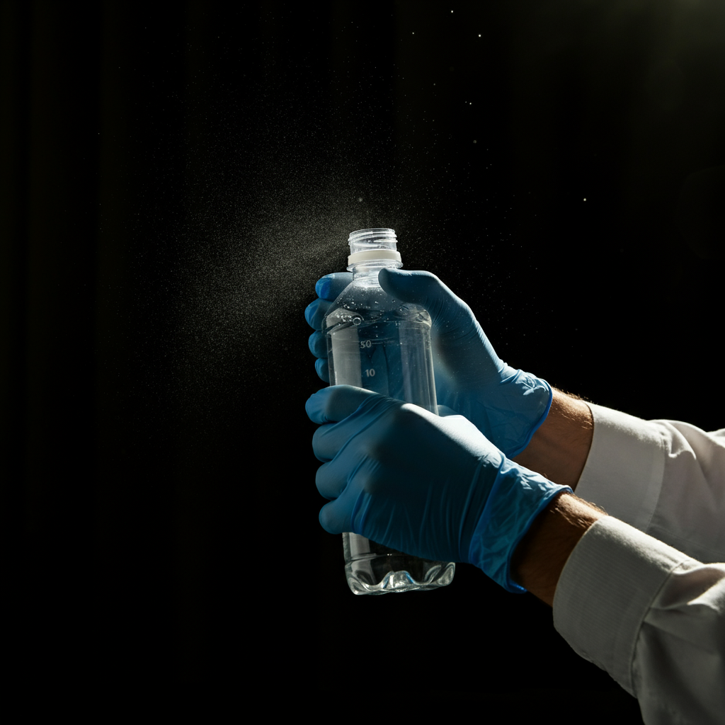 Two gloved hands vigorously shaking a closed clear plastic bottle filled with liquid, sunlight streaming in from a window creates dust motes.