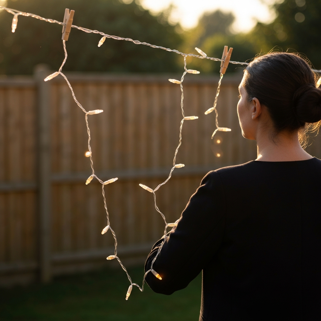 A string of LED lights hanging on a washing line to dry outside in golden hour lighting. The background is a blurred garden with a wooden fence.