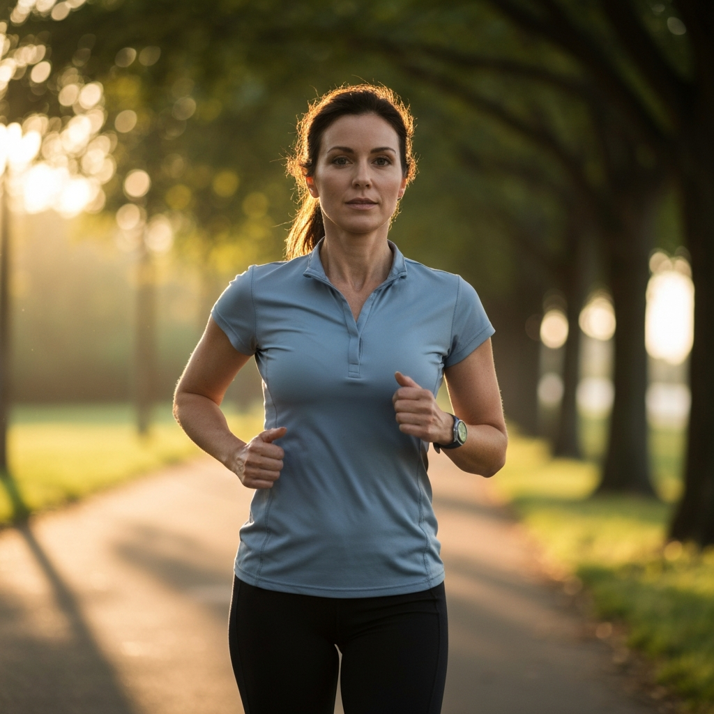 A woman in professional athletic wear jogging along a tree-lined path during golden hour, soft bokeh background, focus on her determined expression.