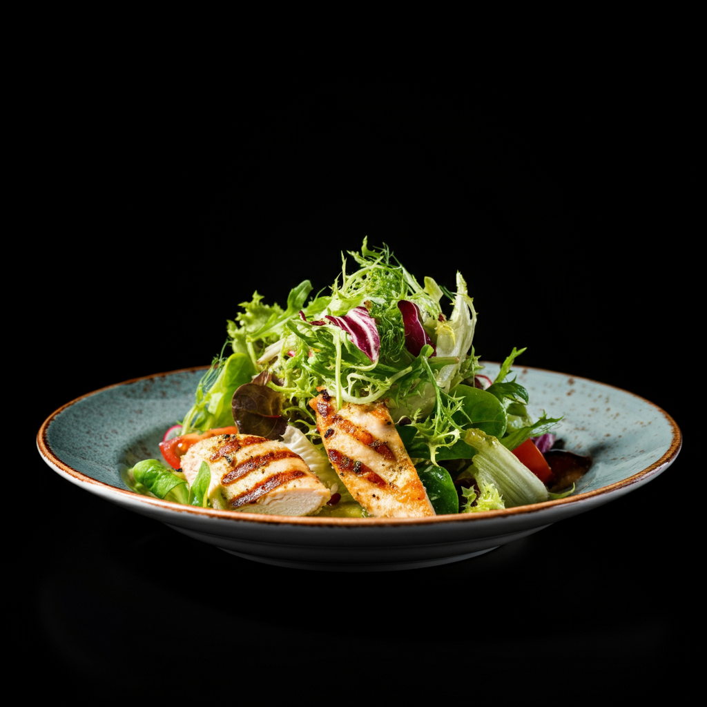 A close-up shot of a vibrant salad composed of mixed greens, grilled chicken, and colorful vegetables, side-lit to highlight textures, natural light.