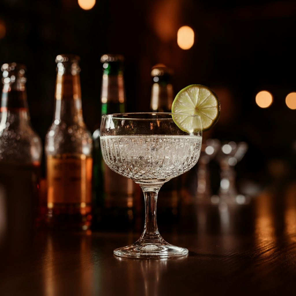 An elegant glass of sparkling water with a lime wedge, sitting on a dark wooden bar, soft focus on the background bottles, warm lighting.
