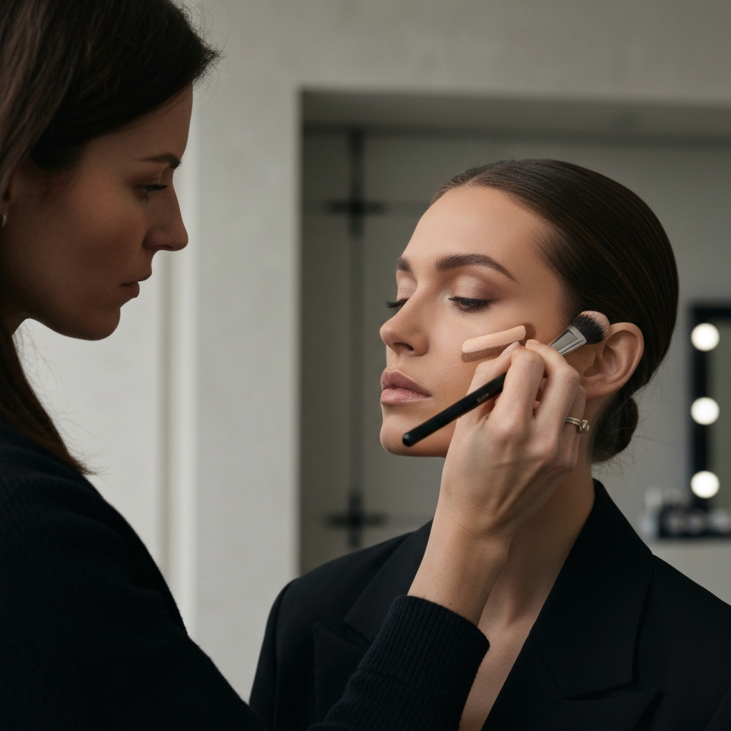 A makeup artist applying contour to a model's face in a professional studio, focus on the brush and the product, soft, even lighting.