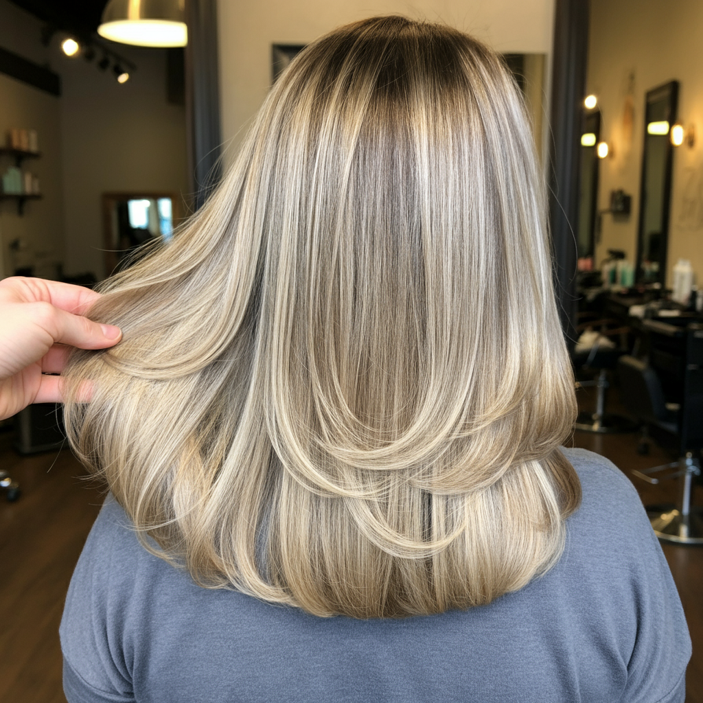 A woman with long, layered hair, standing in a hair salon, bathed in natural light, focus on the texture and movement of the hair.