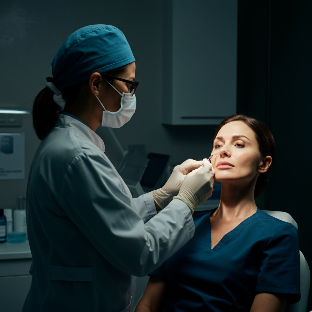 A doctor in a sterile medical office, consulting with a patient about a facial procedure, professional and reassuring demeanor, neutral background.