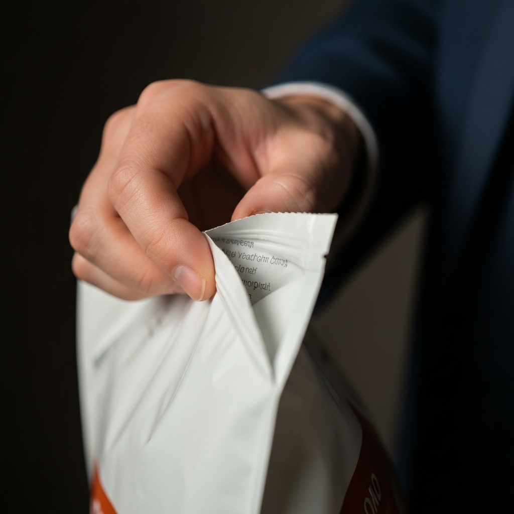 Close-up shot of a hand holding a pet food bag, gently pulling apart the seam to reveal small text printed within the fold. Soft, diffused light highlights the texture of the bag.
