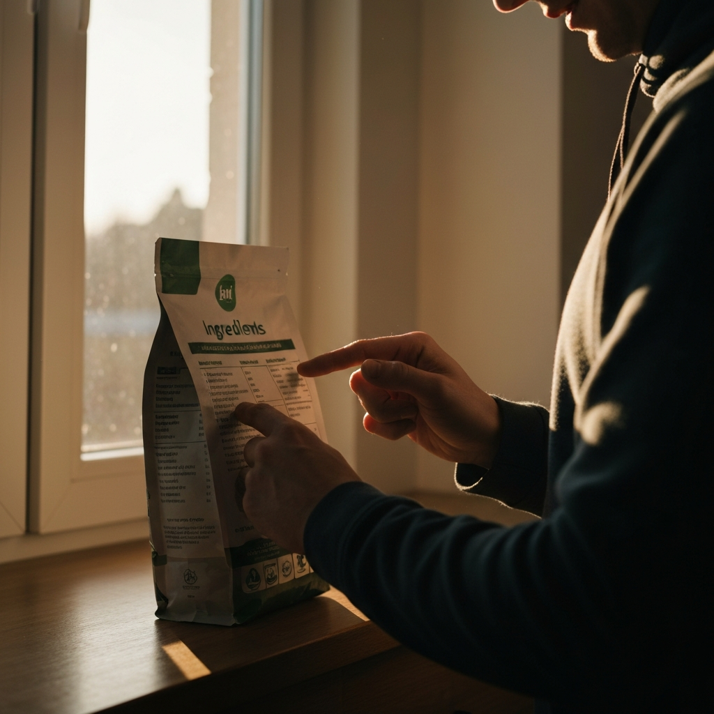 A pet owner carefully examining the ingredient list on a bag of cat food, using their finger to follow along the text. Natural sunlight streams in through a nearby window, casting a warm glow on the scene.