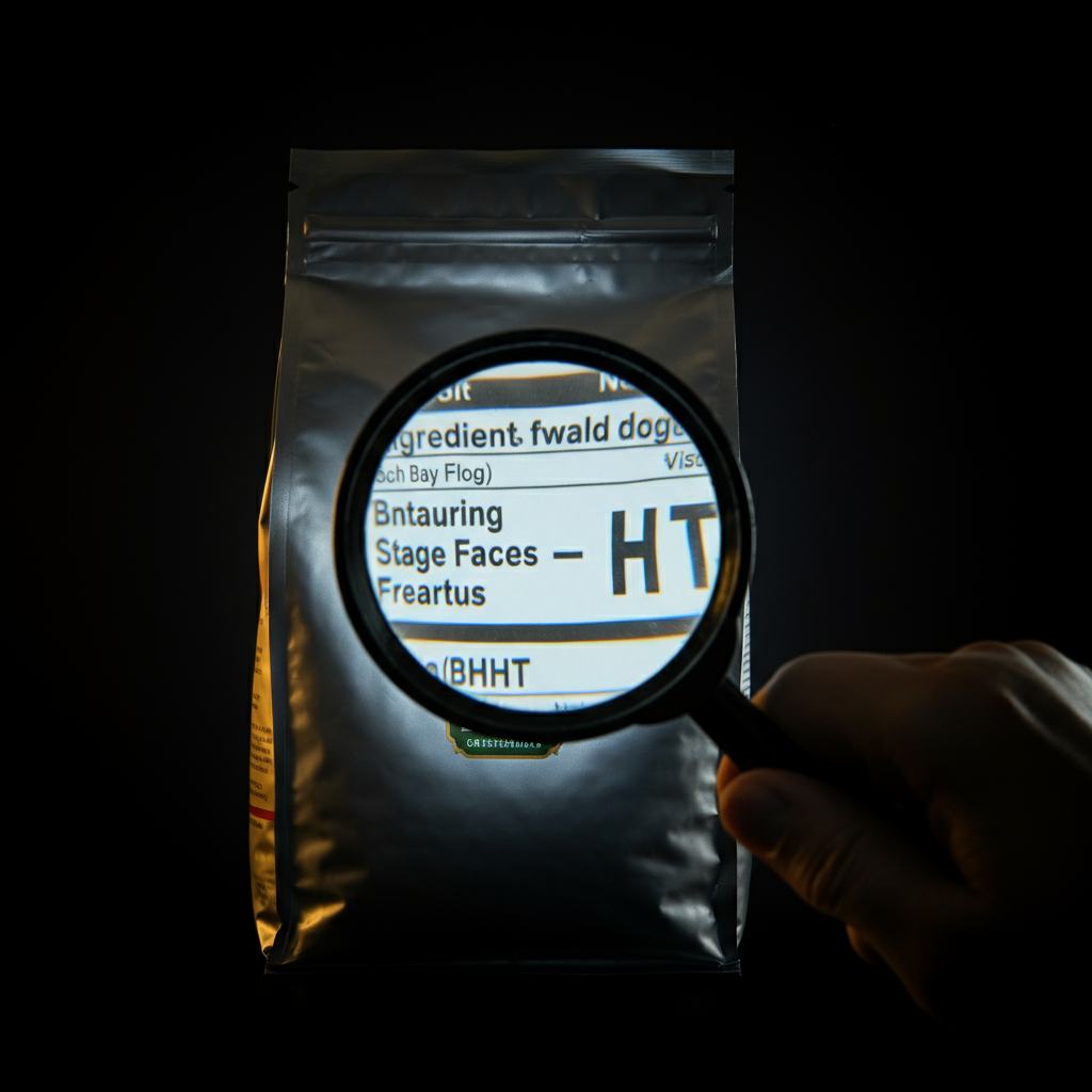 A magnifying glass hovering over the ingredient list of a dog food bag, focusing on the words "BHA" and "BHT". The lighting is stark and highlights the potential dangers of these chemicals.