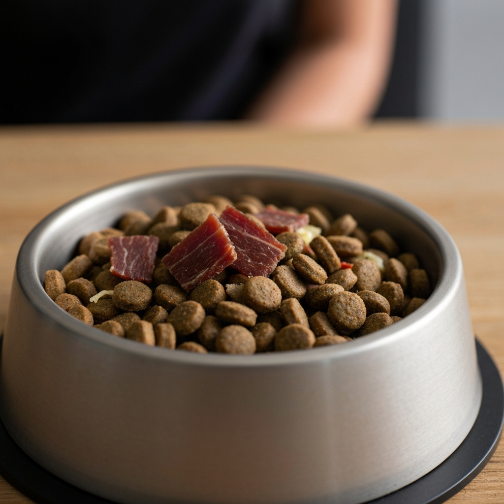 Close-up shot of a bowl of high-quality dry dog food, with visible pieces of dried meat and vegetables. Soft focus on the background emphasizes the freshness and naturalness of the ingredients.