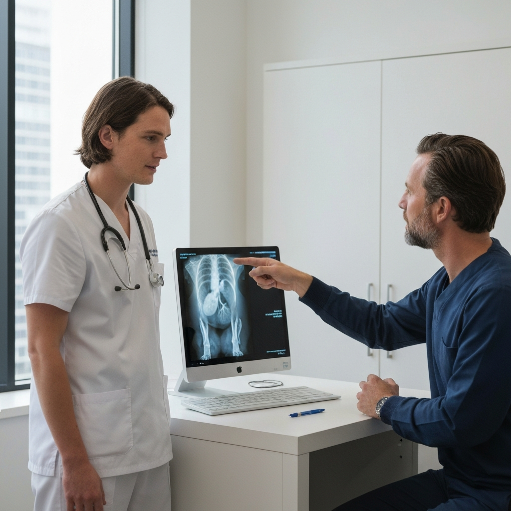 A veterinarian pointing to an X-ray image of a dog's heart while explaining the potential risks of grain-free diets to a concerned pet owner. The clinic setting is clean and professional.
