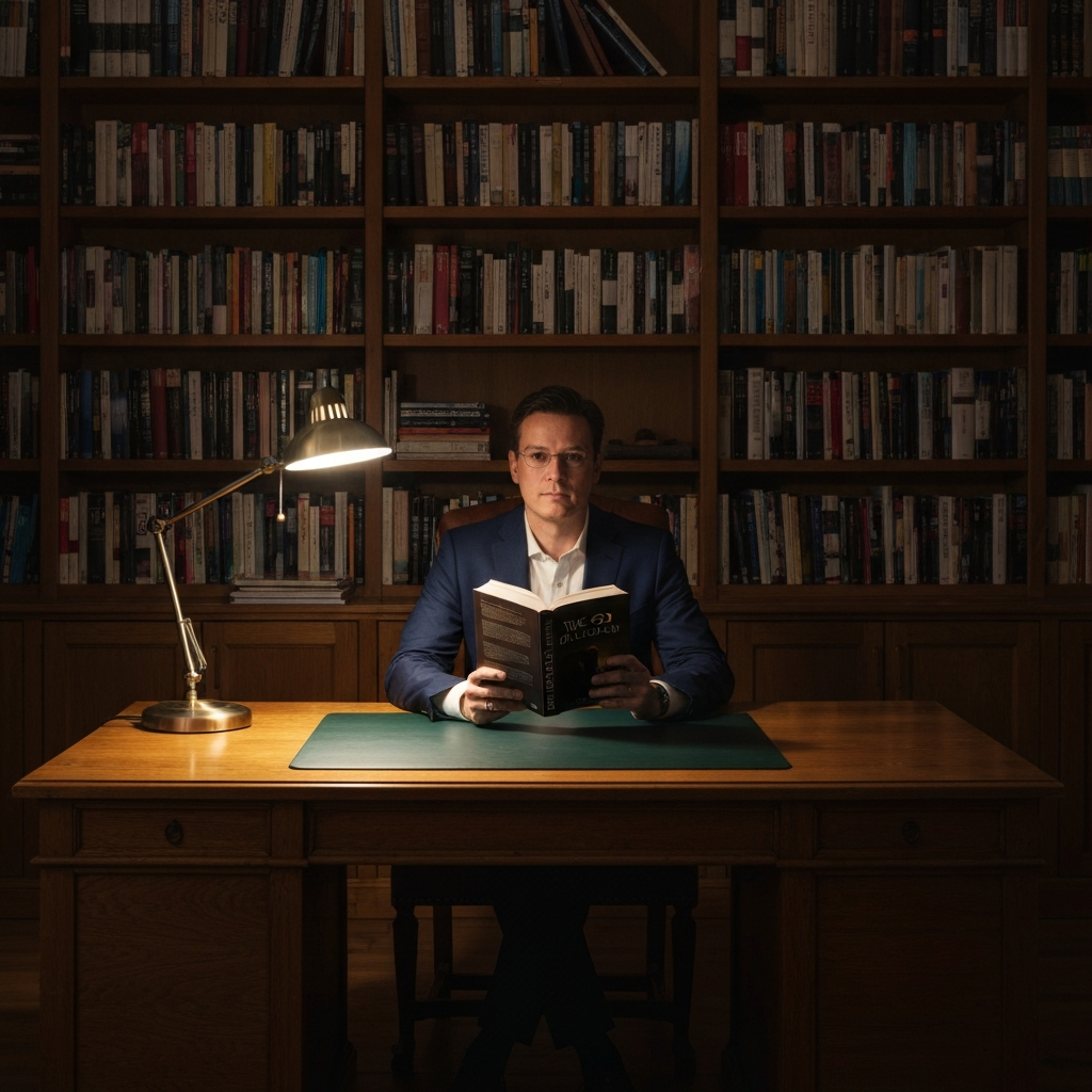 A well-lit study. Bookshelves line the walls. A person sits at a large wooden desk, illuminated by a desk lamp, holding a book titled "The God Delusion". Soft bokeh blurs the background, creating depth.