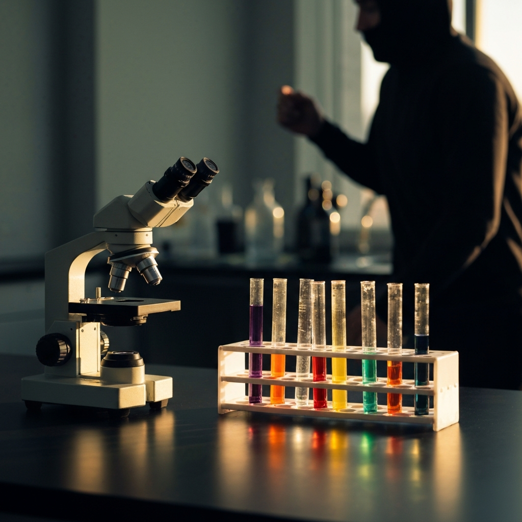 A side-lit laboratory bench. Test tubes in a rack catch the light, displaying gradients of color. A microscope sits nearby, ready for use. The overall scene conveys a sense of scientific inquiry and precision.