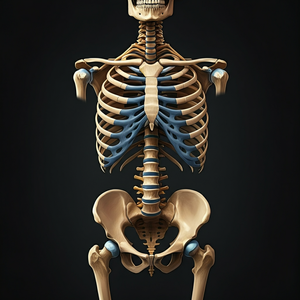 A detailed sketch of the human skeletal system. Soft lighting highlights the bone structure and joints, emphasizing the complexity and potential weaknesses of the design.