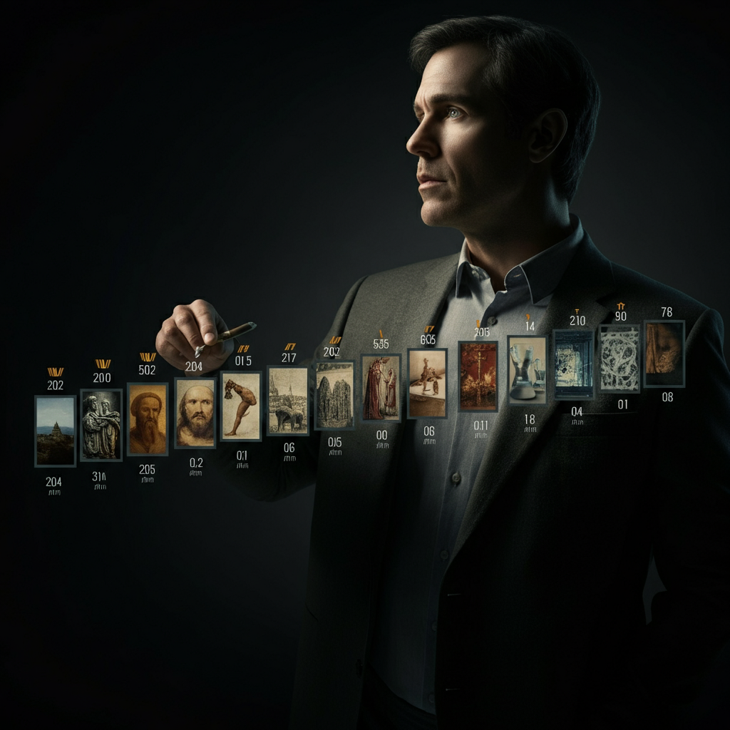 A timeline spanning centuries. Earlier dates are marked with images of ancient civilizations and their beliefs. Later dates are filled with scientific discoveries. The visual progression shows the shift from theistic to scientific explanations.