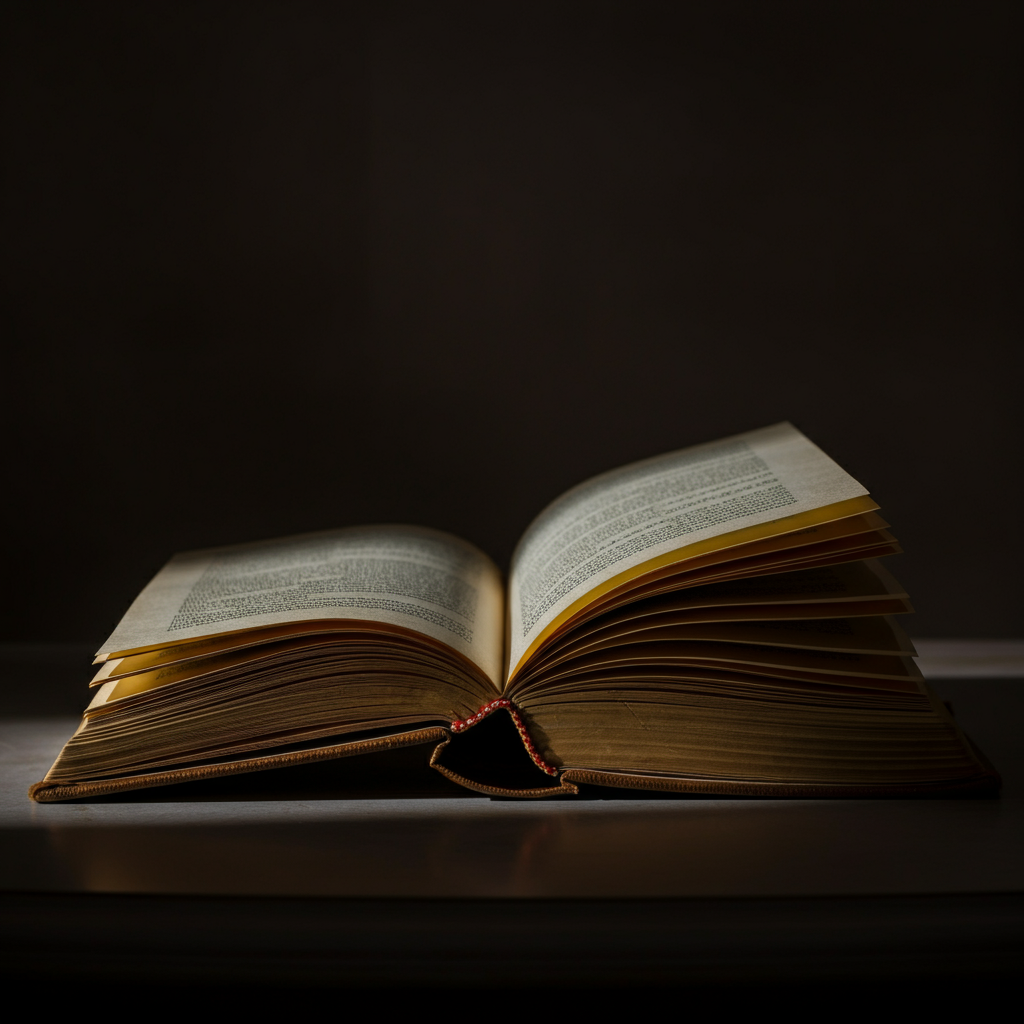 An open book resting on a table. The pages are filled with text in an ancient language. A soft light illuminates the pages, highlighting the aged paper and intricate calligraphy.