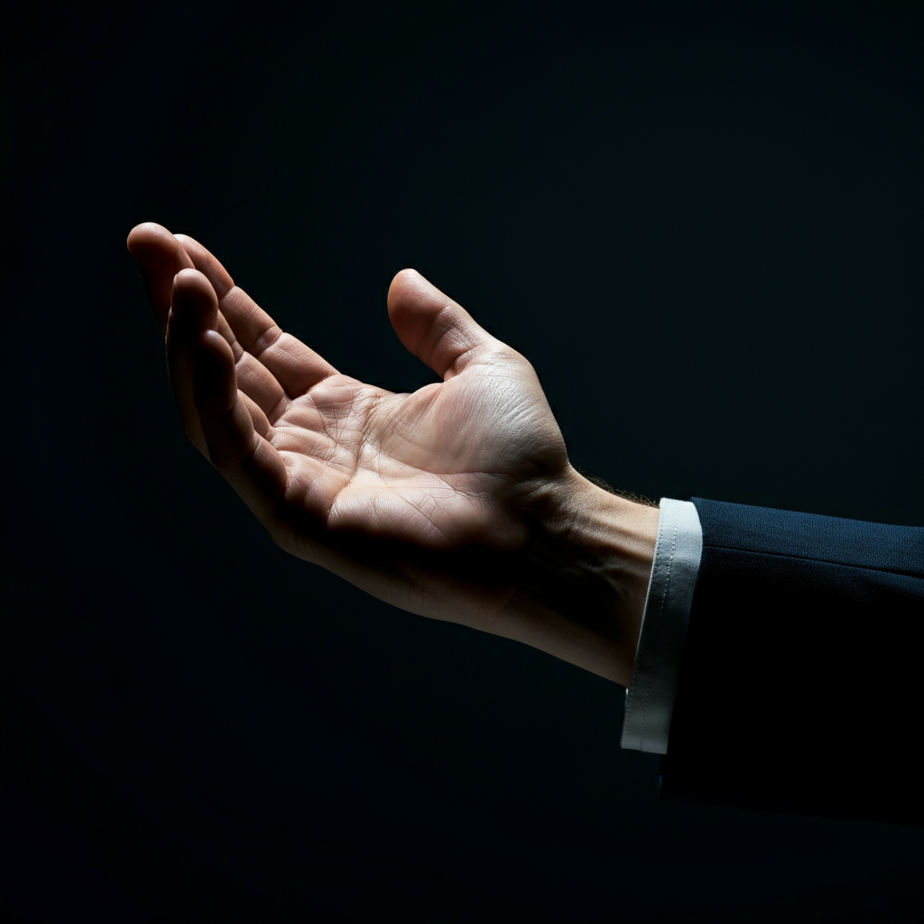 A close-up of a hand reaching out, palm open, as if making a decision. The light is soft and diffused, creating a sense of introspection and uncertainty.