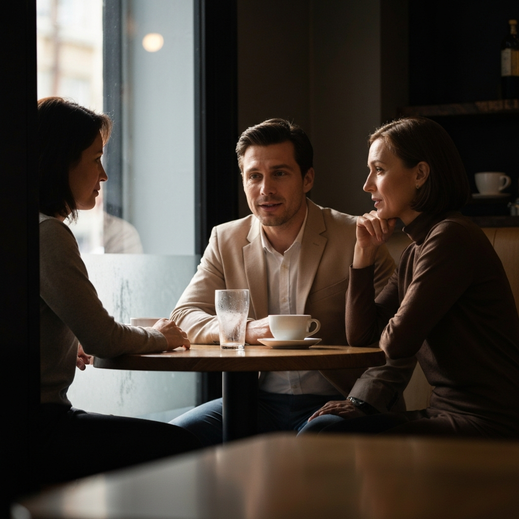A well-lit coffee shop interior. A man and woman are seated at a small table, engaged in conversation. Soft bokeh blurs the background, highlighting the gentle textures of their clothing and the warm lighting on their faces. Condensation droplets on the outside of a glass on the table.