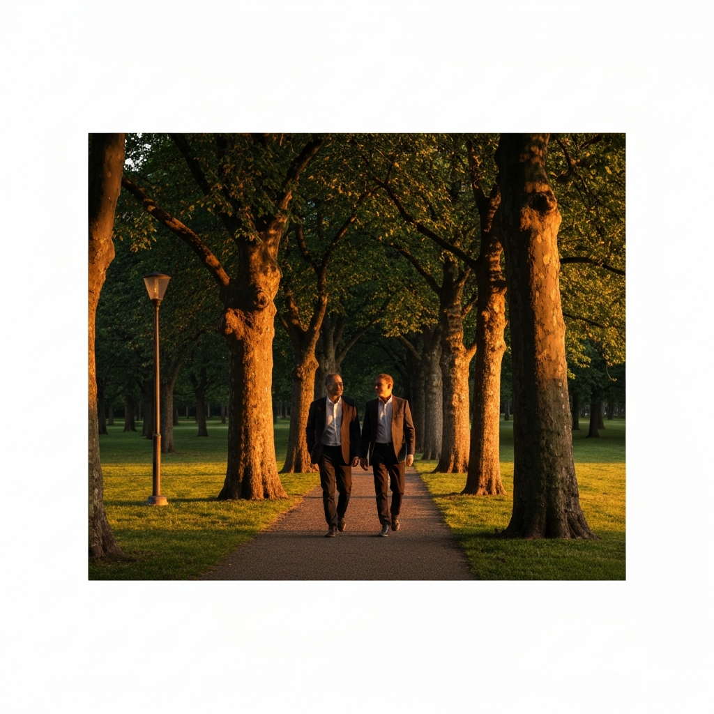A park path at sunset. A man and woman are walking side-by-side, bathed in golden hour lighting. The path is lined with trees with dappled light filtering through their leaves, showcasing the textures of the bark. The scene is side-lit.