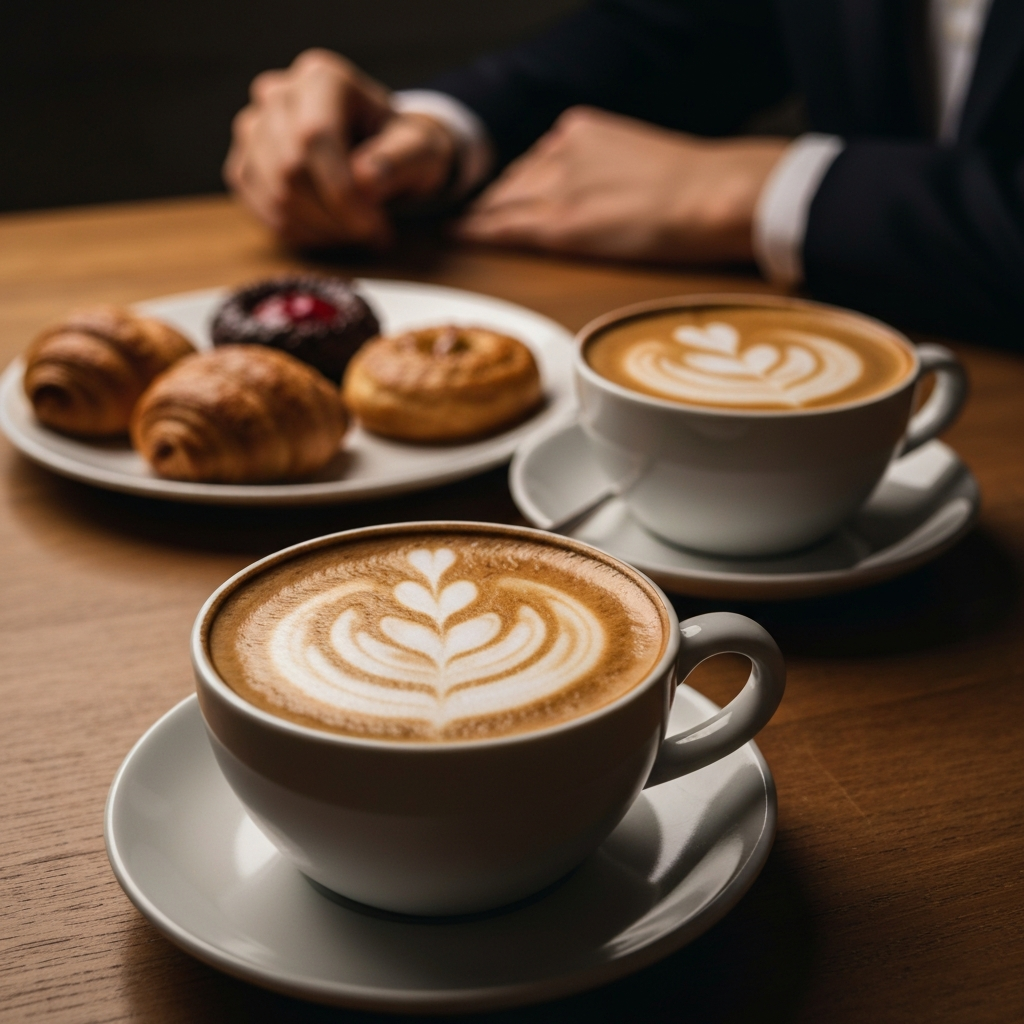 A close-up of two coffee cups on a wooden table, with a shared plate of pastries in the background. The lighting is warm and inviting, highlighting the textures of the wood and the creamy foam of the coffee. The scene is slightly out of focus, creating a sense of intimacy.