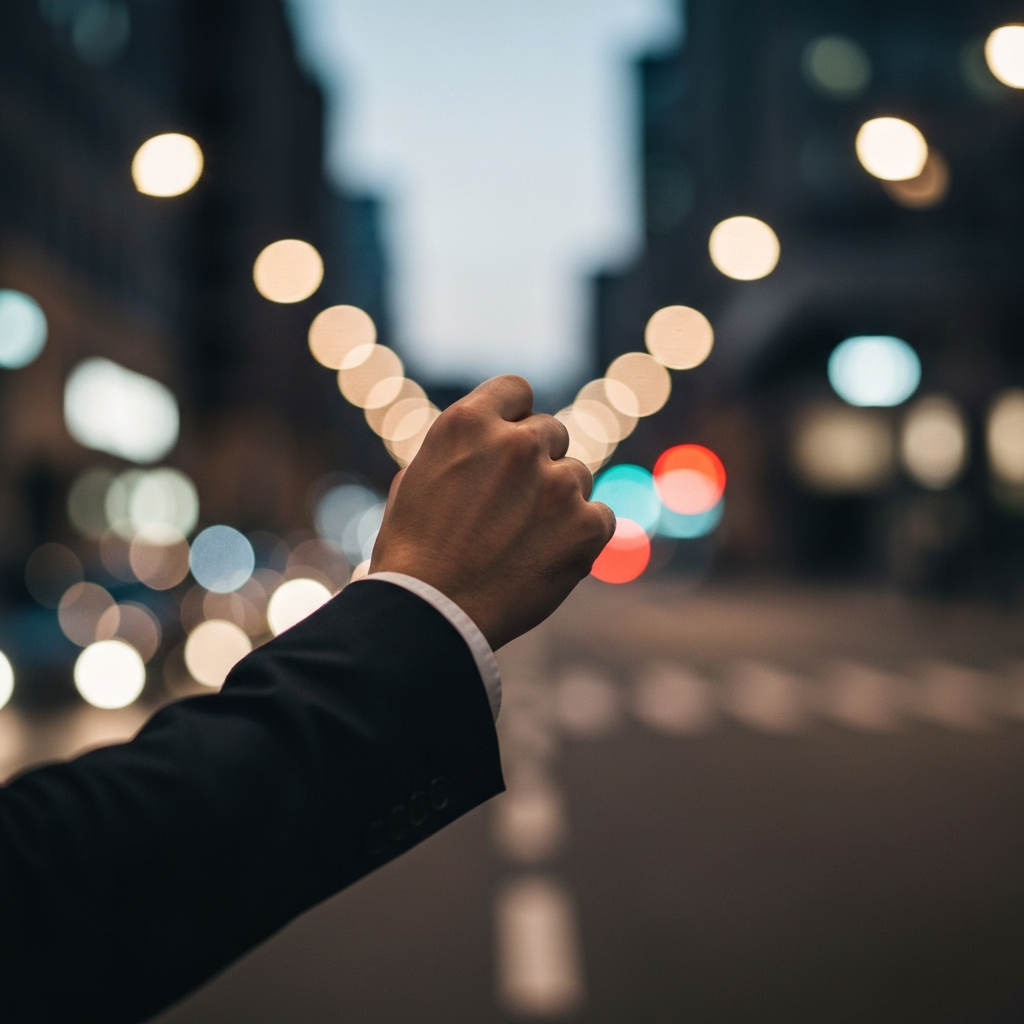 A blurred background of a city street at night. The focus is on a single, closed hand, suggesting a sense of reflection or contemplation. The lighting is dim and moody, creating a pensive atmosphere. 
