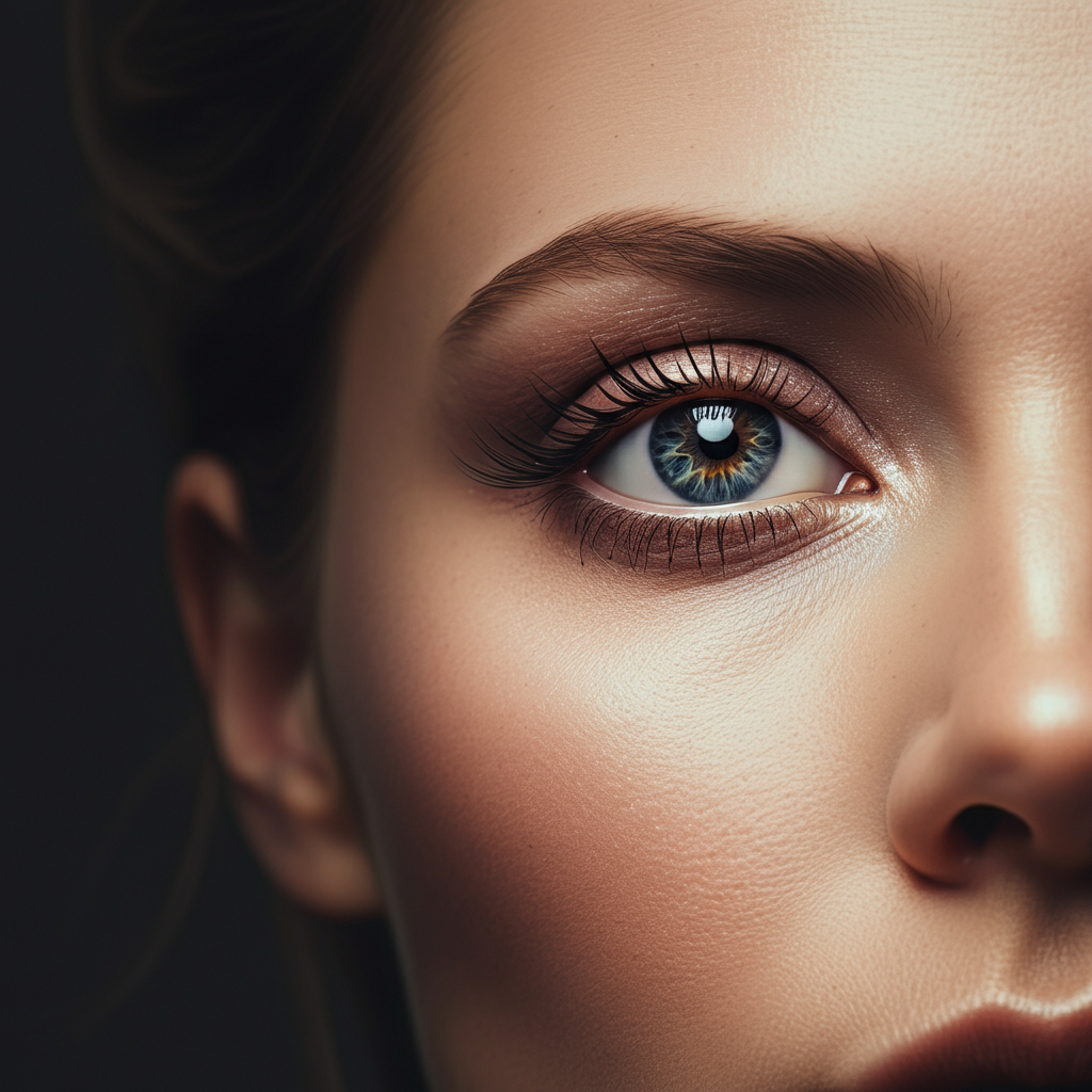 Close-up shot of a woman with bright, sparkling eyes, subtly enhanced with makeup. Soft, diffused lighting and shallow depth of field create a dreamy effect.