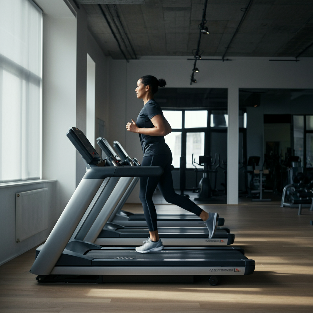 A person in athletic wear confidently running on a treadmill in a well-lit gym. Emphasis on the determined expression and fluid movement. The background is softly blurred.