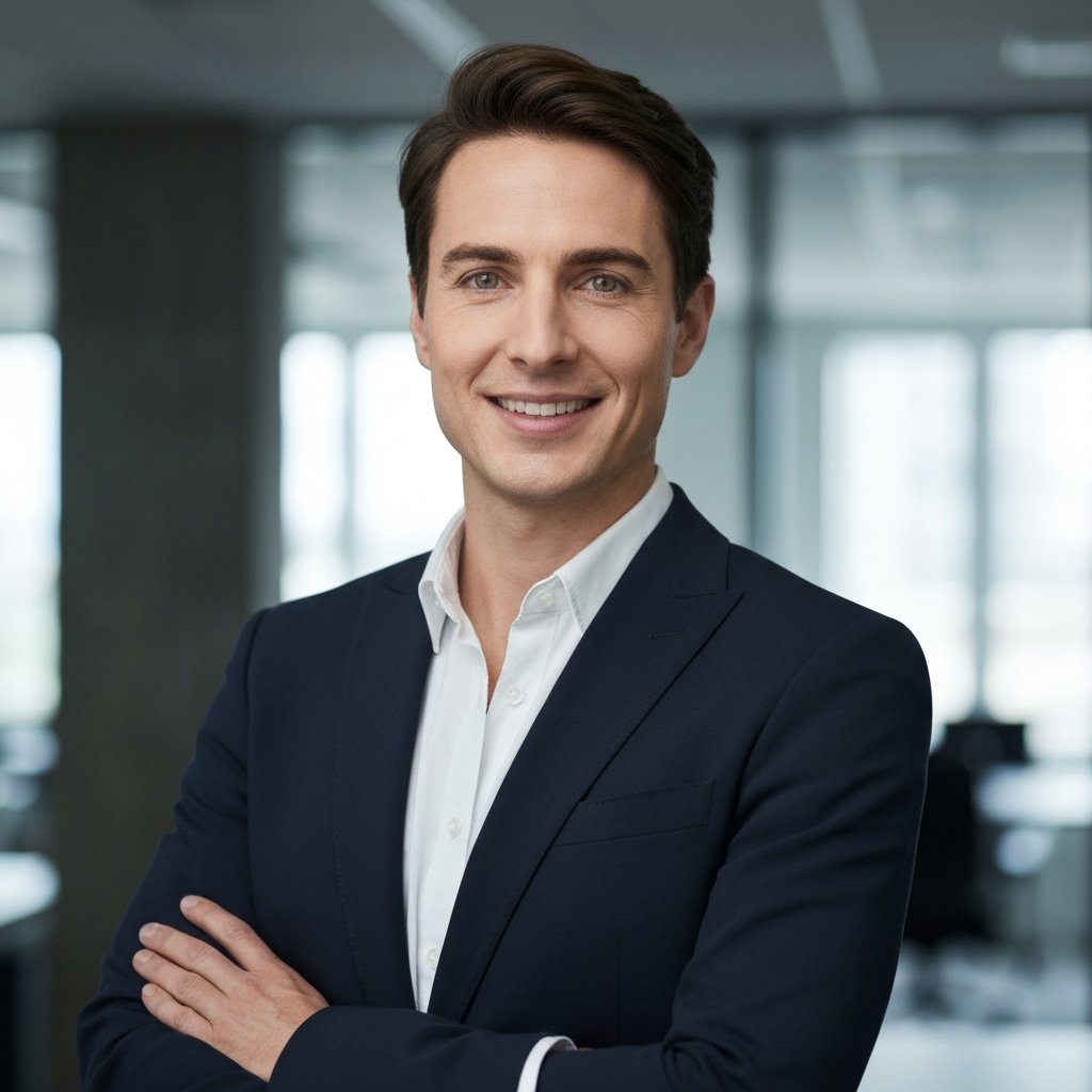 A person standing tall with excellent posture, their shoulders relaxed. They are dressed professionally and their expression is warm and inviting. The background is a blurred office setting.
