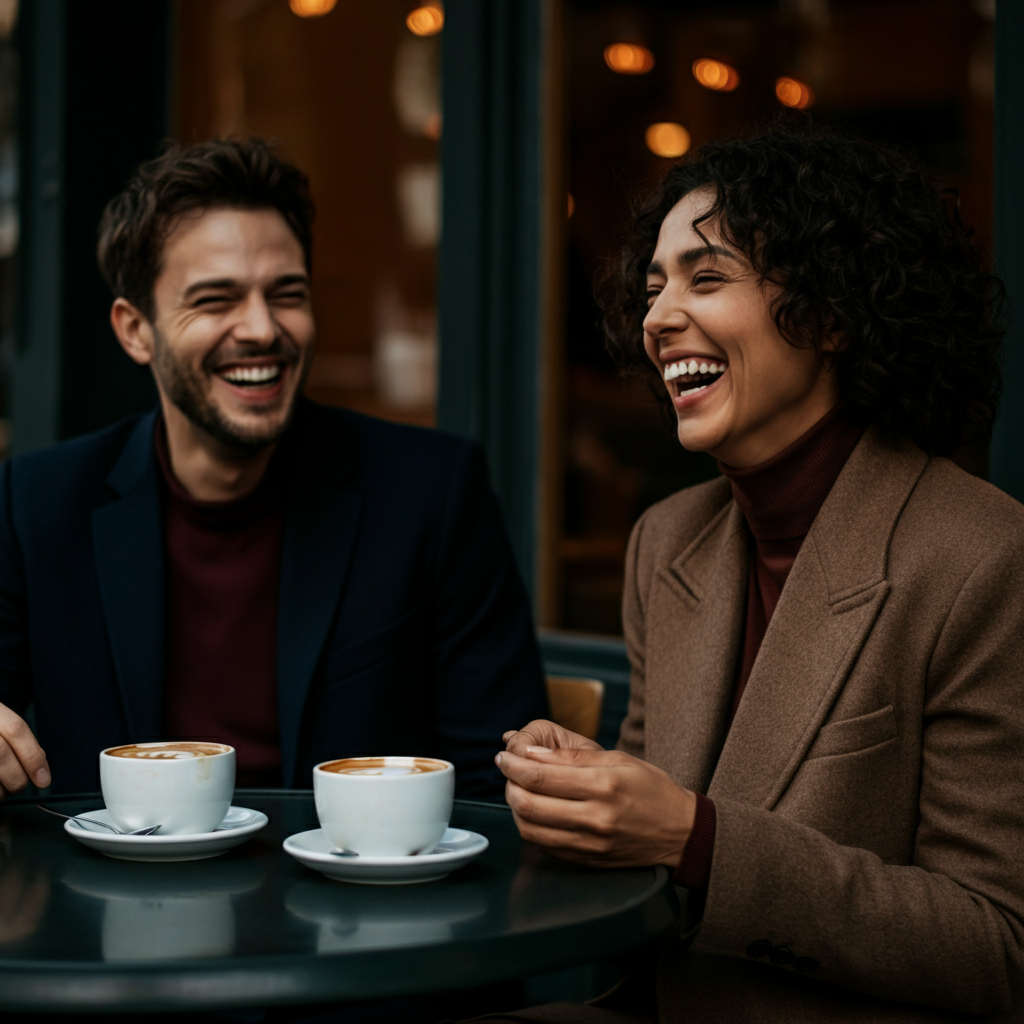Two people laughing together over coffee at an outdoor cafe. The lighting is soft and natural, capturing a relaxed and genuine moment. The focus is on the natural interaction between them.