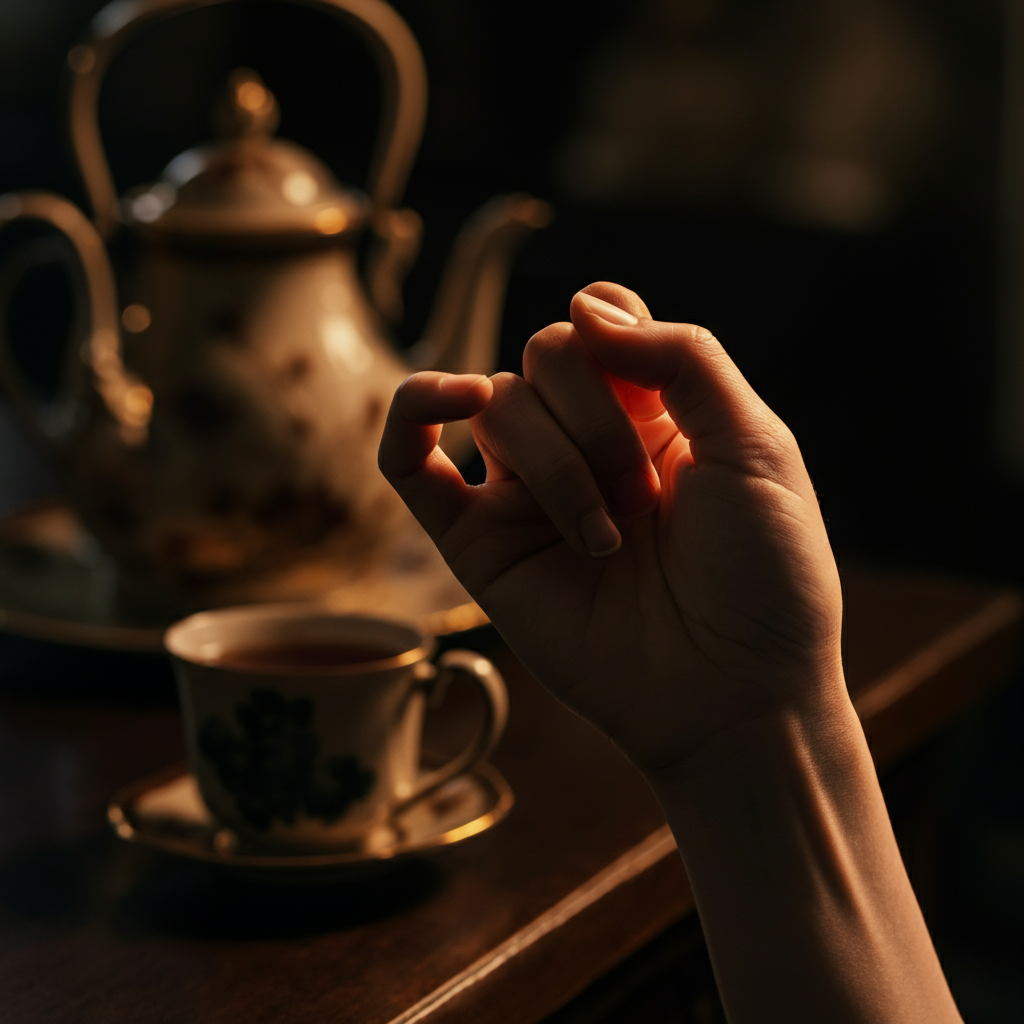 A close-up of a hand extending the pinky finger. The background is a blurred tea set, creating a soft and elegant atmosphere. The lighting is warm and inviting, highlighting the delicate features of the hand.