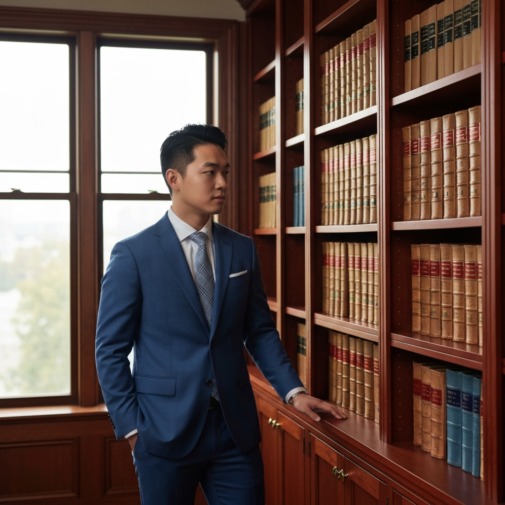 A person standing in a quiet, well-lit study. The person is dressed in professional attire and contemplating a set of books on a shelf. The soft ambient lighting creates a thoughtful and introspective mood.