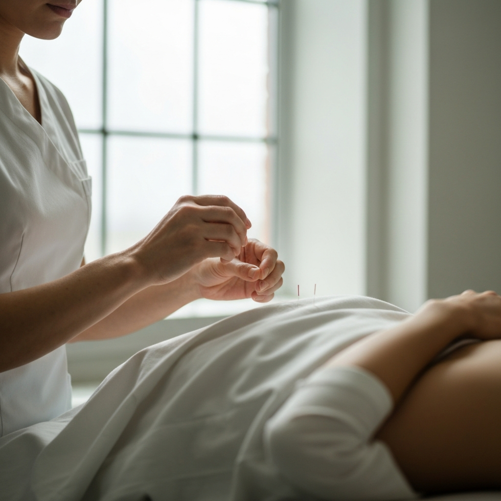 A practitioner performing acupuncture on a patient in a clean, modern clinic. Soft, natural light filters through the window, creating a calm and serene atmosphere. Focus on the needles and the practitioner's hands with shallow depth of field.