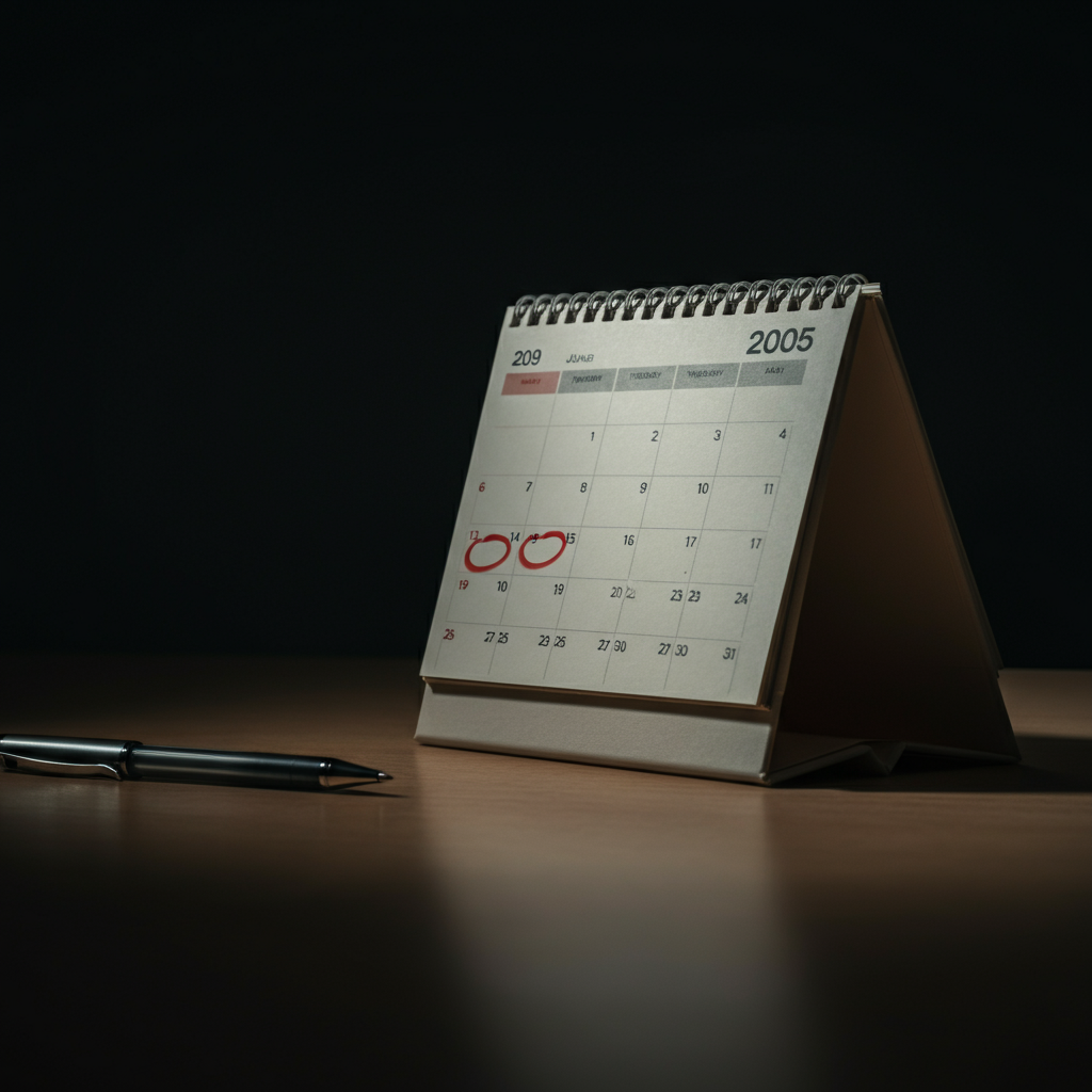 A close-up shot of a well-worn desk calendar with several dates circled in red. The calendar is side-lit, casting long shadows, and a pen rests on top.