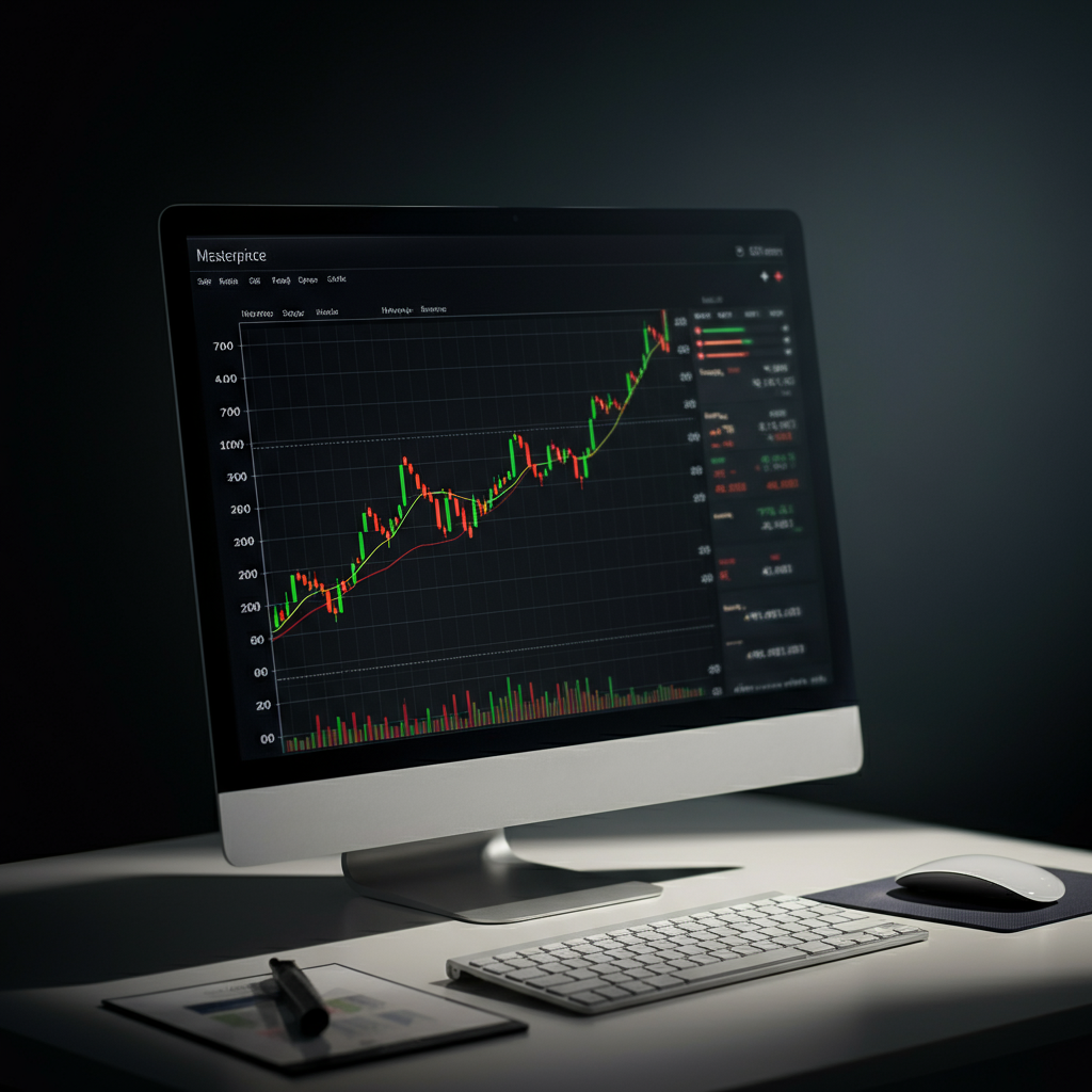 A computer screen displaying a graph of economic data, with lines trending both upward and downward. The lighting is soft and diffused, reflecting on the screen.