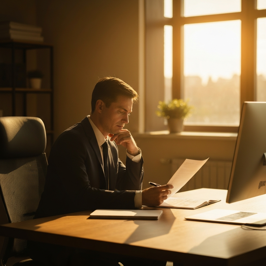 A person in a professional business suit sits at a desk, thoughtfully reviewing a document. The room is bathed in warm, golden hour lighting, creating a sense of focus and importance.