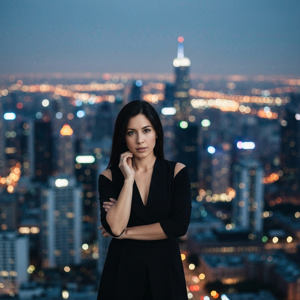 A panoramic view of a bustling city skyline at dusk, with lights twinkling in the distance. The image has a soft bokeh effect, blurring the details of individual buildings.