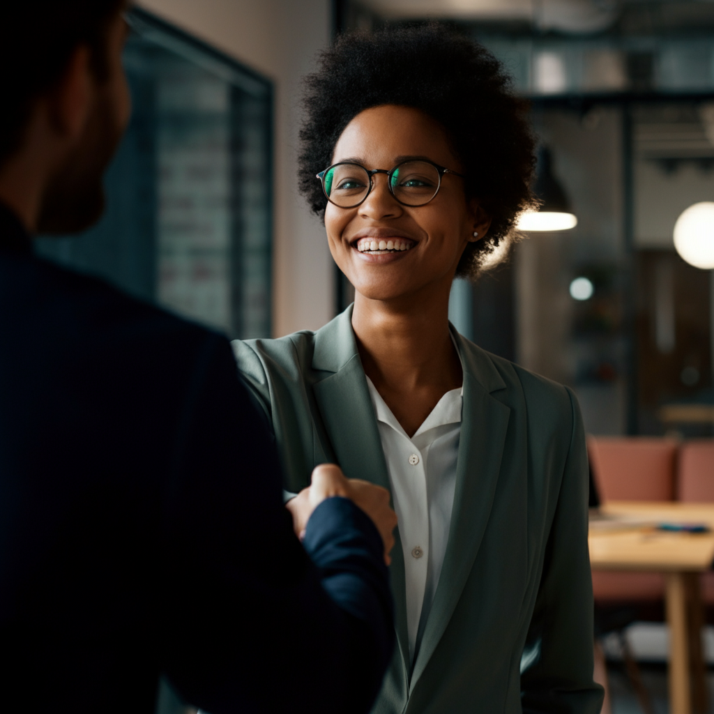 A person smiles warmly while shaking hands with another individual in a modern office setting. The scene is brightly lit, conveying a sense of collaboration and positive energy.