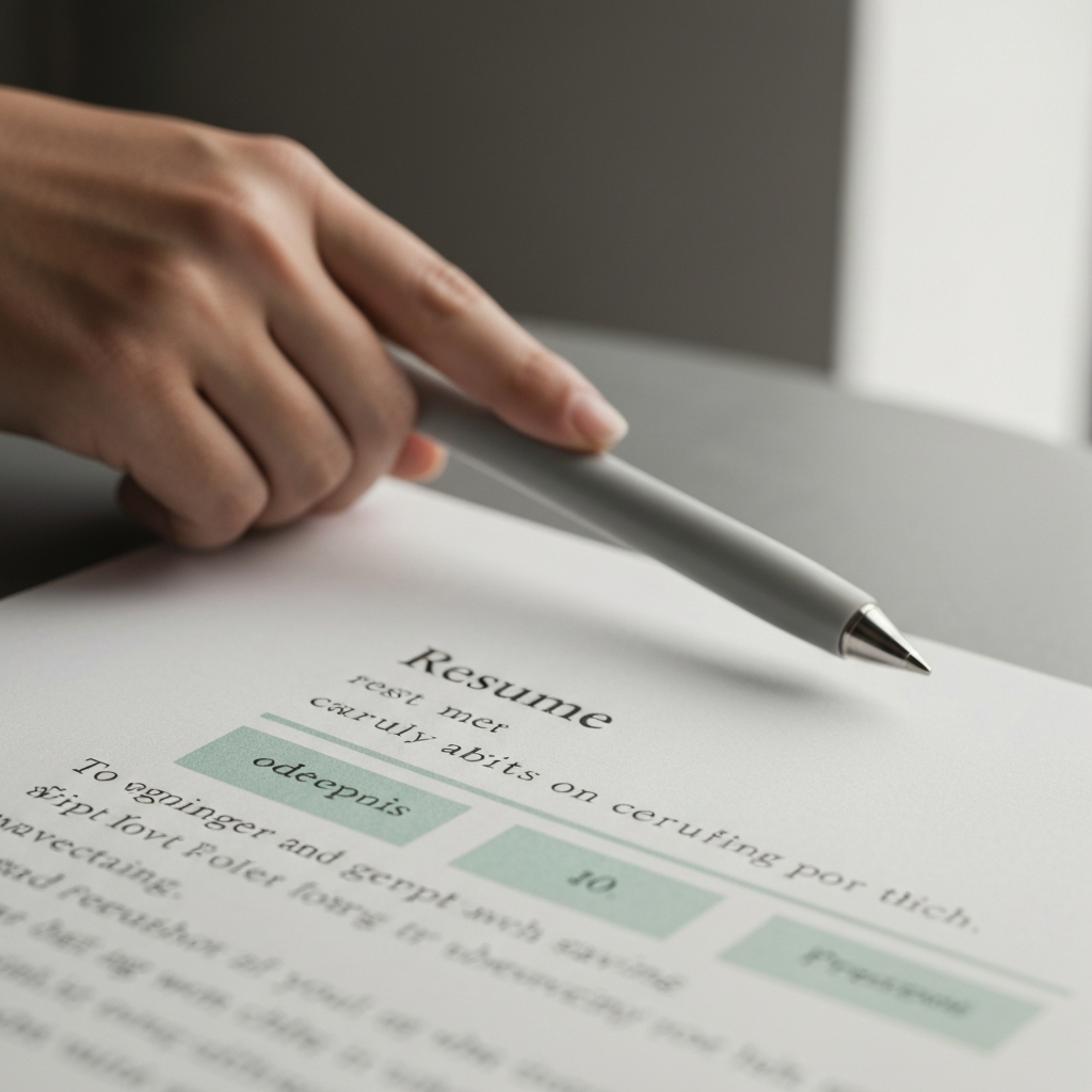 A close-up of a carefully crafted resume with highlighted sections. The paper has a subtle texture, and the lighting is soft and even, emphasizing readability.