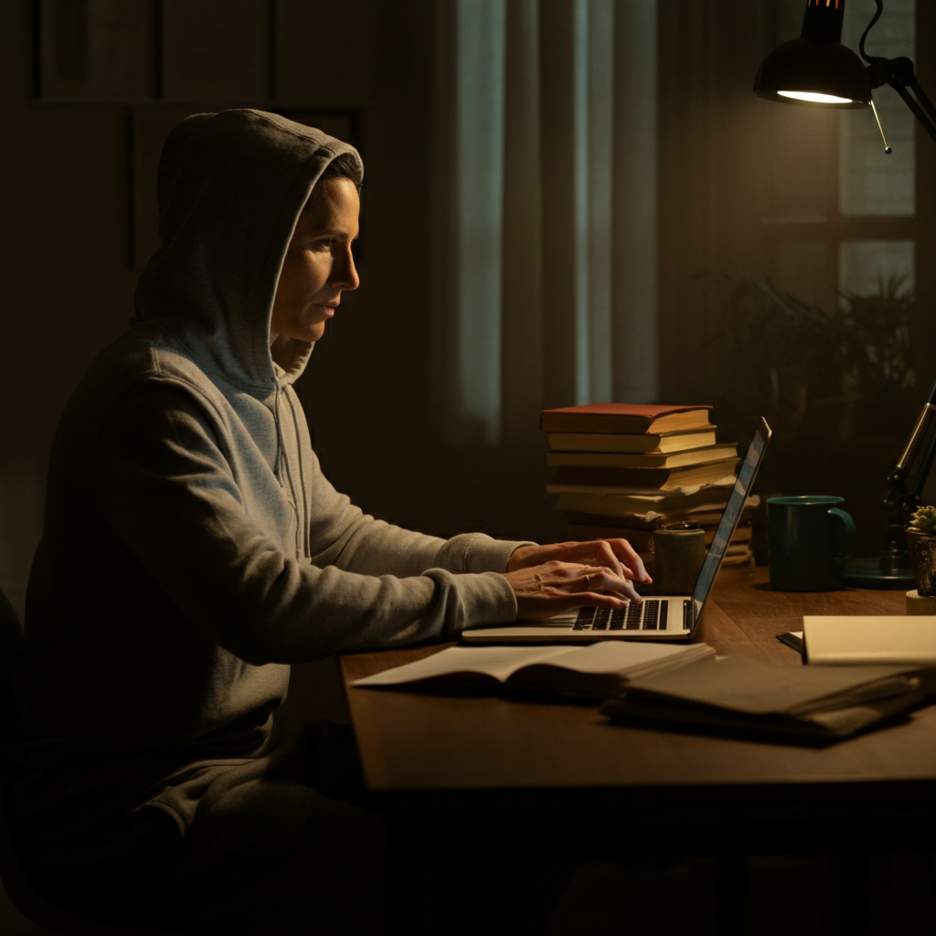 A person sits at a desk, surrounded by books and papers, diligently working on a laptop. The room is well-lit, and the person appears focused and determined.