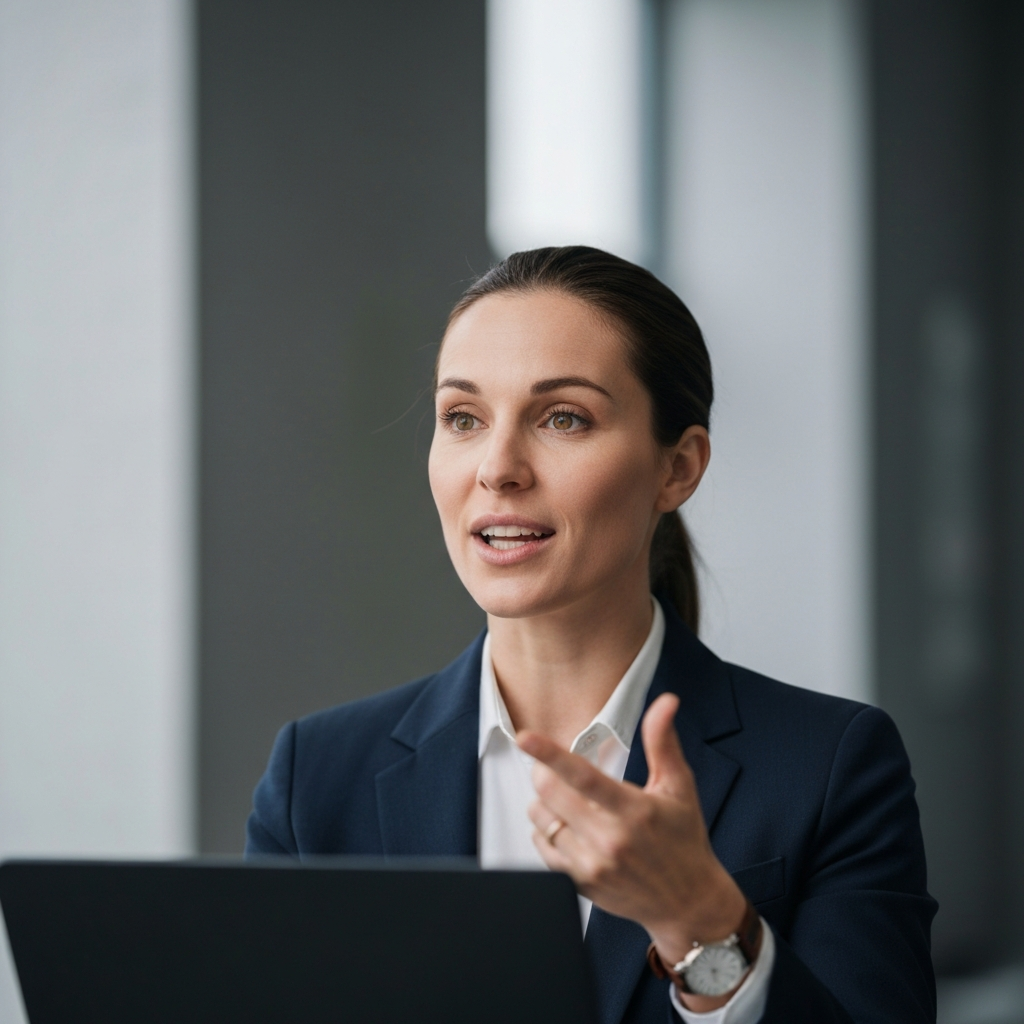 A person confidently explains a career break during a job interview. The background is blurred to focus on the person's expression and body language.