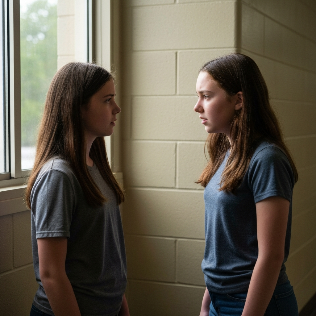 A quiet corner of a school hallway, side-lit by a window. Two middle school girls are standing face to face, engaged in a serious conversation. One girl is looking at the other with a concerned expression, while the other is listening intently. The light is soft and diffused, creating a sense of intimacy and vulnerability. The texture of the hallway walls is slightly rough.