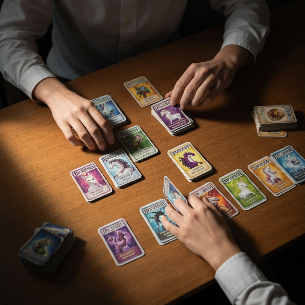 Top-down shot of a game table with Unstable Unicorns cards neatly arranged. Soft, diffused lighting highlights the colorful card art. Hands are visible, gently sorting the cards into different piles.